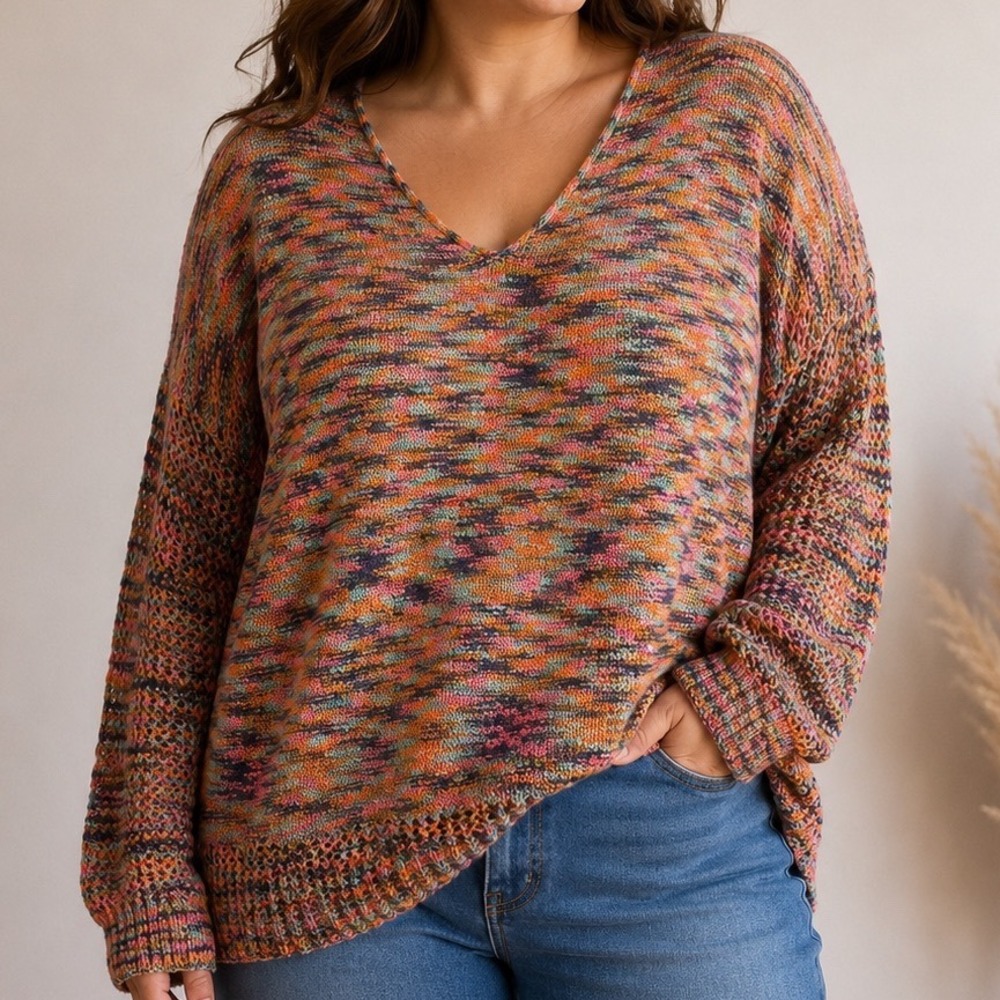 Rainbow Space Dye Knit Sweater Women's XL V Neck Open Knit Boho Artsy Y2K